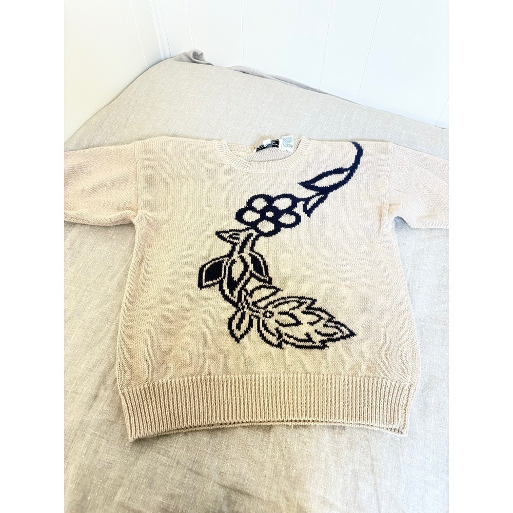 Vintage Attitude Sweater‎ Womens Small Beige Floral Graphic Knit Cotton Ramie